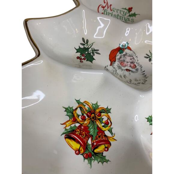 Vintage MCM Holiday Christmas Candy Nut Dish Santa Gold Trim 14 Inch - Picture 6 of 9